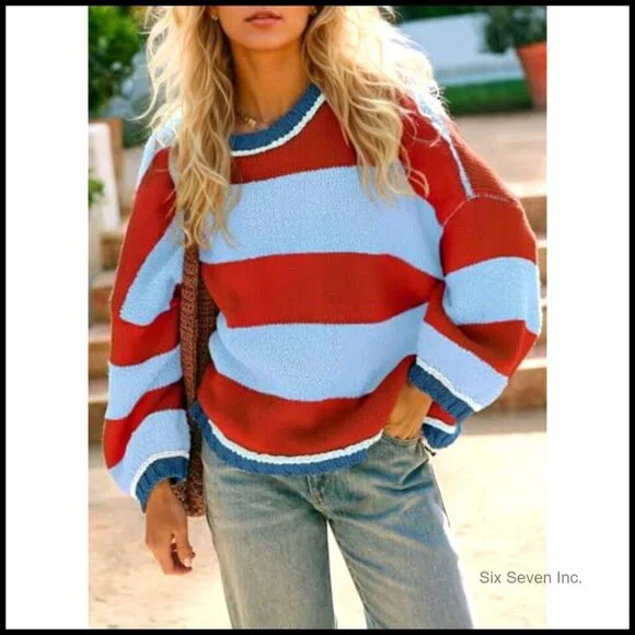 Chunky Knit Striped Sweater Oversized Pullover Casual Y2K Chic Fall Winter - Picture 6 of 7
